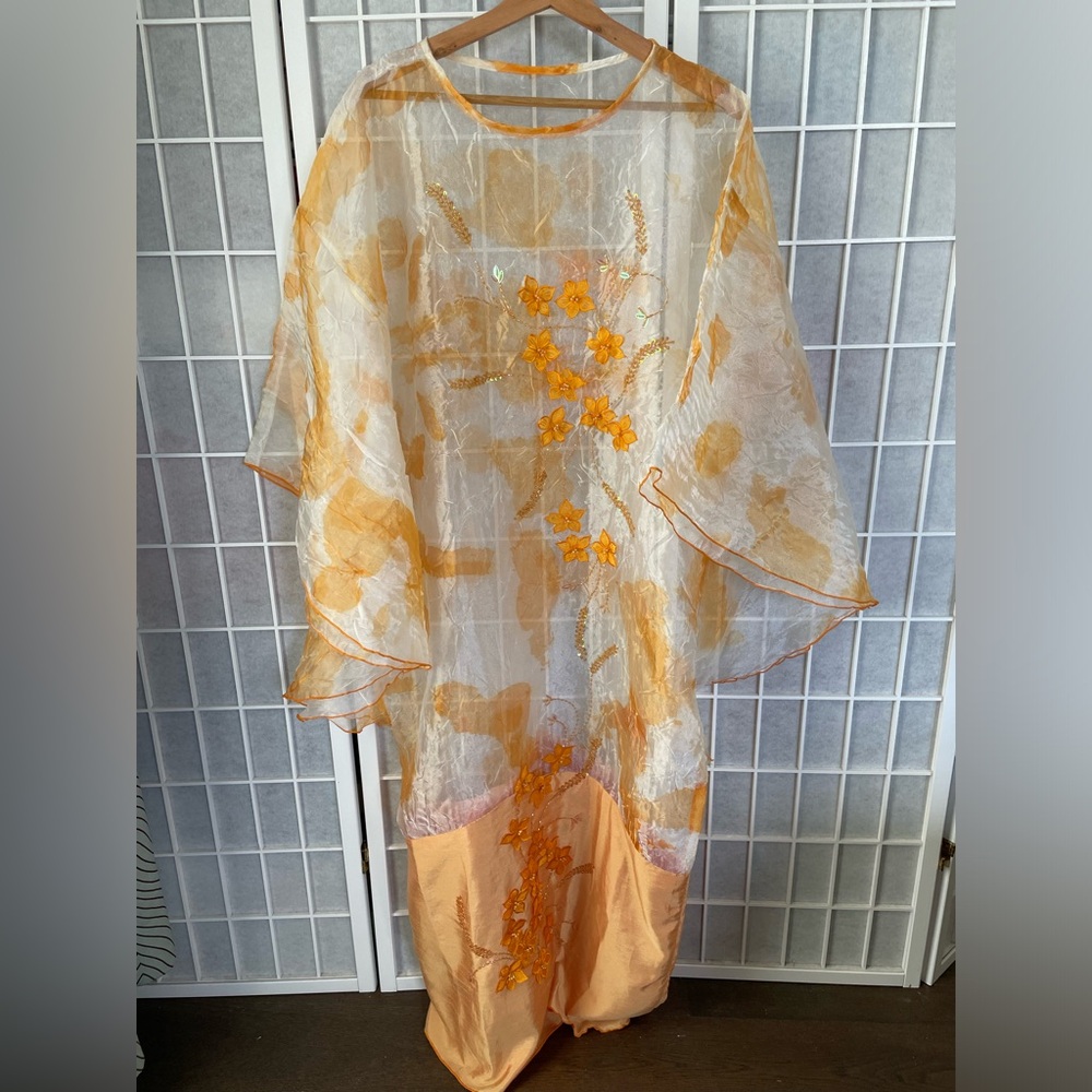 Yoshi flower appliqué Sheer Maxi Caftan, Cream and orange Beaded, One Size.